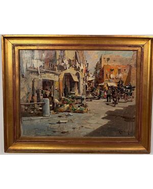 Giordano Felice (1880-1964)  "Vicolo di paese con mercato"