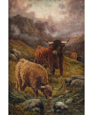 R. Watson (British, fine XIX sec.) - Mandria di Highlanders al pascolo.