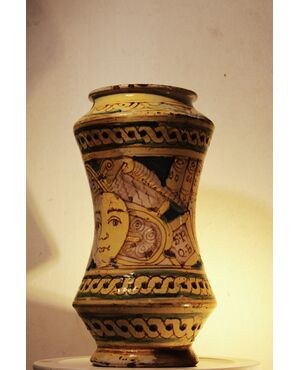 Albarello SPQB con luna, maiolica siciliana di Burgio epoca XVII sec.