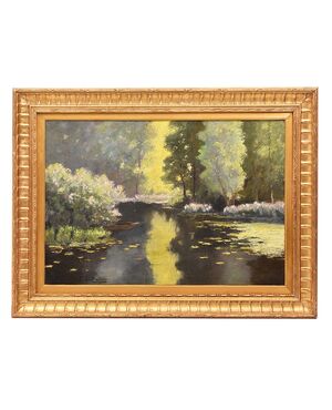 QUADRI ANTICHI, PAESAGGIO CON FIUME, NINFEE E FIORI DI LOTO, OLIO SU TELA, PRIMI DEL NOVECENTO. (QP642)