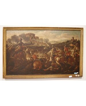 Coppia di oli su tela italiani del 1600 raffiguranti Battaglia