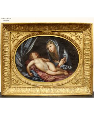 Antico dipinto ad olio su tela con cornice dorata - Madonnna in adorazione del Bambino dormiente - Italia epoca '700 