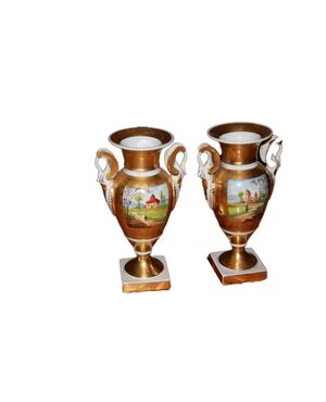 Coppia Vasi Vecchia Parigi Francesi del 1800 Con Dipinti Paesaggi