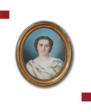 DIPINTO PASTELLO OVALE CON GIOVANE DONNA META’ XIX SECOLO 