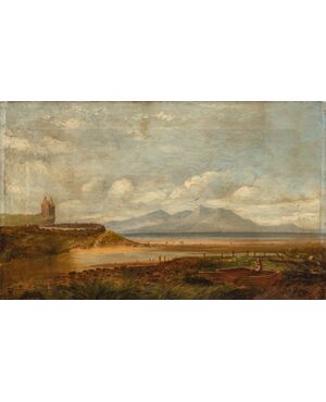 Pittore inglese (fine XIX sec.) - Paesaggio romantico pescatore al lago. 
