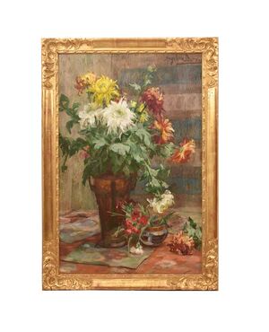 QUADRI ANTICHI, ART DECO, NATURA MORTA CON FIORI DI CRISANTEMI, OLIO SU TELA, XX SECOLO. (QF653)