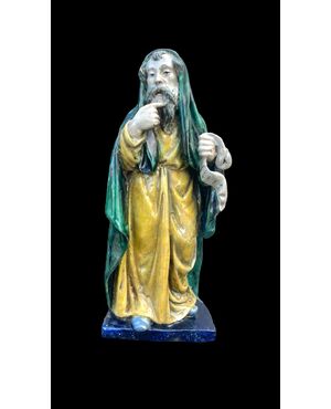 Scultura in maiolica raffigurante filosofo con pergamena.Manifattura Chigi.San Quirico d’Orcia.