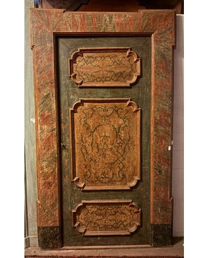 PTL447 - Porta laccata e dipinta, con telaio finto marmo, epoca '700, misure luce cm L 93 x H 216