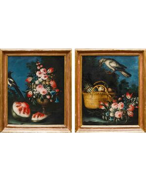 Angelo Zani, noto anche come “Monogrammista A.V.” (Attivo nella prima metà del XVIII secolo, Pisa), Nature morte di fiori con anguria e volatili