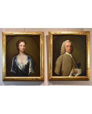 Coppia di ritratti di coniugi inglesi del XVIII secolo, Godfrey Kneller (Lubecca 1646 – Londra 1723)