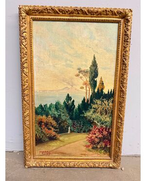 Antico dipinto olio su tavoletta Napoli, Vesuvio 1947, Gallotti, mis 58x37 cm