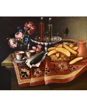 Giacomo Nani (Porto Ercole 1698 - Napoli 1770), Natura morta con fiori, alzata con cristalli e liquori..