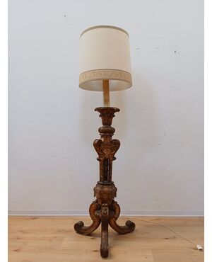Candeliere da terra in legno dorato-candelabro barocco-fine '800-lampada
