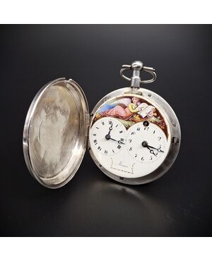 Orologio con doppio fuso orario e quadrante dipinto Firmato "Meuron", XVIII secolo 