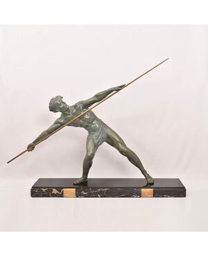 ANTICHE SCULTURE FRANCESI IN ANTIMONIO, CHIPARUS, GUERRIERO CON LANCIA, ART DECO. (STAN93)