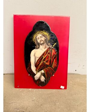 Antica placca metà '800 dipinta smalto Limoges raffigurante Cristo 28x15cm
