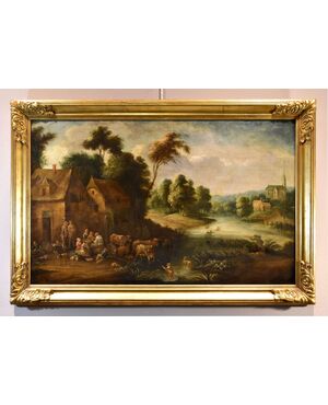 Paesaggio fluviale con villaggio, Théobald Michou (Tournai, 1676 – Anversa, 1765)
