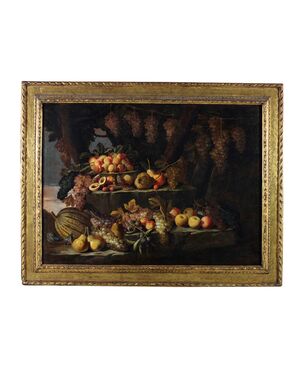 Maestro dei frutti su piani inclinati,  Natura morta di frutta all’aperto Roma 1660 – 1670