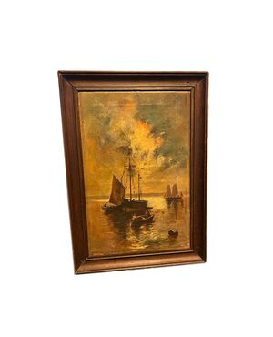 Olio su tela francese della seconda metà dell’800 – Marina notturna con veliero al chiaro di luna