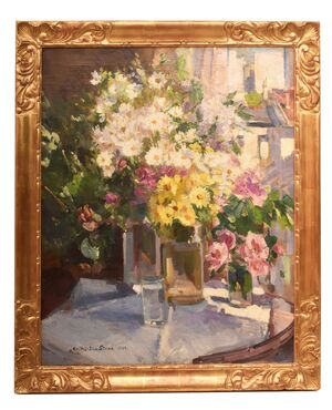 QUADRI ANTICHI, ART DECO, NATURA MORTA CON FIORI DI ROSE E MARGHERITE, OLIO SU TELA, XX SECOLO. (QF655)