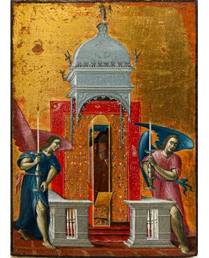 XVIII Secolo, Scuola russa, Icona raffigurante le reliquie di San Spiridione di Trimitonte conservate nel tempio di Kerkyra 