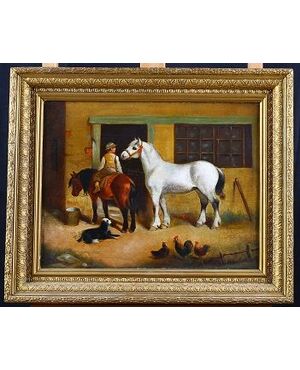 Antico quadro inglese del 1800 olio su tela "Bambino a cavallo"