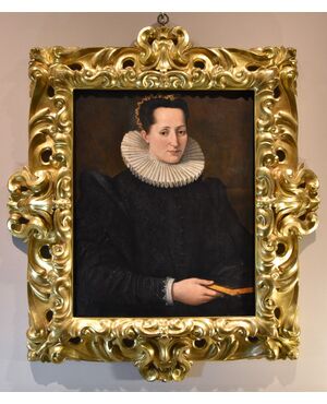 Santi di Tito (Sansepolcro 1536 - Firenze 1603), Ritratto di nobildonna, a mezzo busto, con libro in mano
