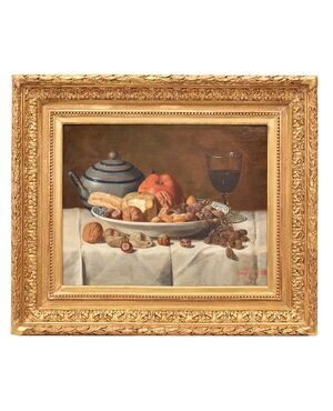DIPINTI ANTICHI, NATURA MORTA CON FRUTTA E FORMAGGIO, OLIO SU TELA, XIX SECOLO. (QNM654)