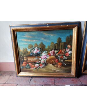 COPPIA NATURE MORTE FIORI E FRUTTA