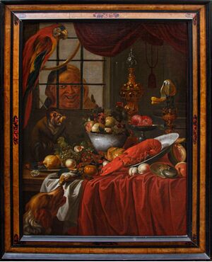 Carstian Luyckx (1627-1675 circa), Natura morta con pappagallo, scimmia e personaggio dietro la finestra
