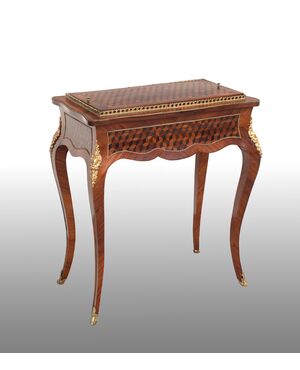 Tavolino-Fioriera antica Napoleone III Francese in legni policromi con applicazioni in bronzo dorato periodo XIX secolo.