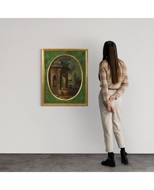 Dipinto italiano veduta con architetture e personaggi del XVIII secolo