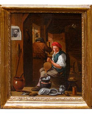 Cerchia di David Teniers (Anversa, 1610 – Bruxelles, 1690), Interno con figure di popolani 
