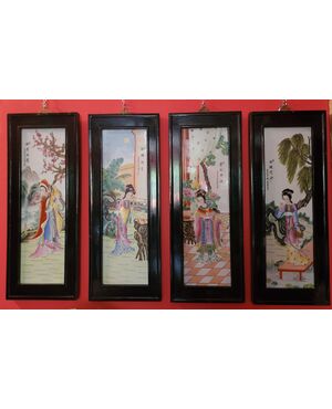 4 decorazioni su ceramica Cina Epoca '900 cornice legno ebanizzato