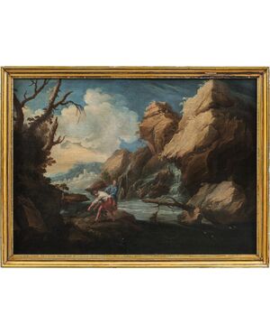 Pittore italiano (XVII-XVIII secolo) - Paesaggio fluviale con pescatori. 