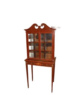 Piccola Vetrina Inglese Stile Sheraton in legno di mogano con pitture metà 1800