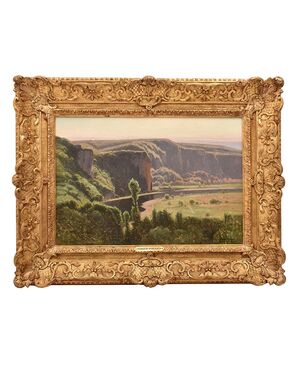 DIPINTI ANTICHI PAESAGGI E FIUME, VALLE DI CORREZE, DIDIER POUGET, OLIO SU TELA, INIZIO XX. (QP657)   