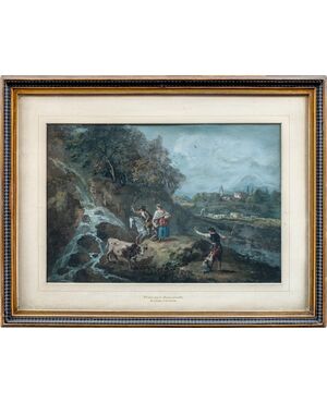 Francesco Zuccarelli (Pitigliano 1702 - Firenze 1788) - Paesaggio fluviale con pastori e armenti.
