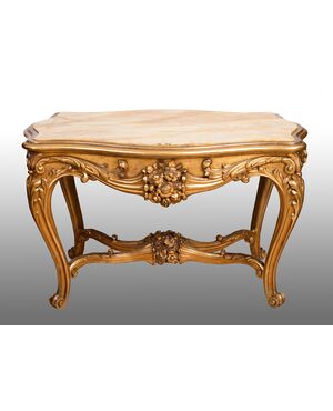 Tavolino in legno dorato e intagliato con piano in onice Napoleone III Francese.Periodo XIX secolo.