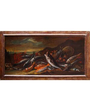 XVII secolo, seguace di Giuseppe Recco (Napoli,1634- Alicante,1695), Natura morta di pesci, calamari, ostriche e coralli sulla spiaggia