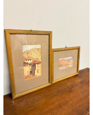 Coppia di acquerelli/olio su carta, firmati Simi sul retro, fine '800, 32x24 e 23x39 cm. Raffiguranti paesaggi, ottimo stato
