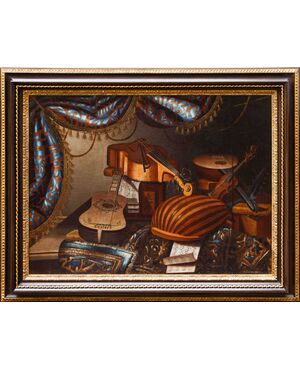 Bonaventura Bettera (1663-1718 post), Natura morta con strumenti musicali, spartito e tappeto