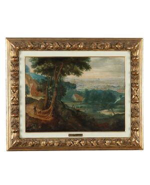 Dipinto Paesaggio con Edifici e Figure