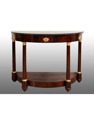 Consolle antica Demi Lune Francese in piuma di mogano con piano in marmo nero del Belgio. Periodo XIX secolo.