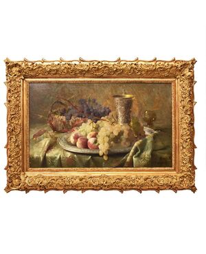 DIPINTI ANTICHI, NATURA MORTA CON FRUTTA, UVA E PESCHE, OLIO SU TELA, XIX SECOLO. (QNM659)