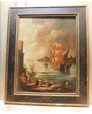 pan266 - pair of paintings with marine views, 18th century, cm l 94 xh 112     