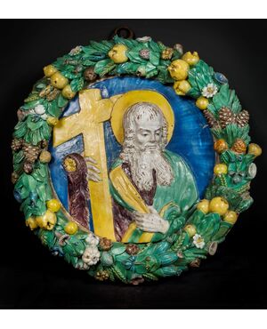 Santi Buglioni, tondo in terracotta raffigurante "Sant'Andrea entro una corona di frutti e fiori"