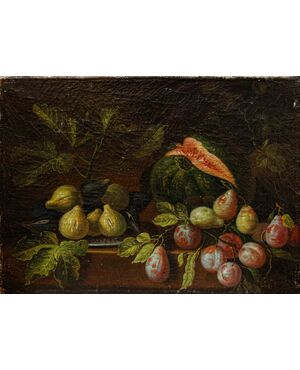 Scuola romana, XVII secolo, Natura morta con zucca, pere e fichi