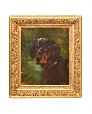 DIPINTI ANTICHI, RITRATTI DI CANI, SETTER GORDON, OLIO SU TELA, EPOCA OTTOCENTO. (QA660)
