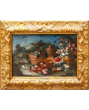Gaspare Lopez (Napoli, 1650 ca. - Firenze, 1732), Natura morta con fiori, piatto e otre